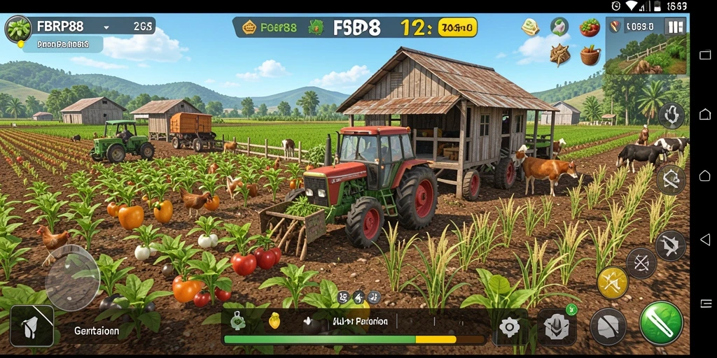 Tampilan menarik gameplay FBRP88 dengan ladang yang subur dan hewan ternak.