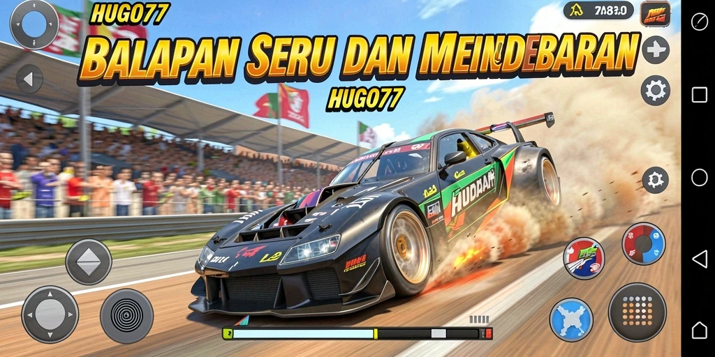 Screenshot menunjukkan aksi balapan mendebarkan dalam HUGO77 dengan kendaraan berkecepatan tinggi.