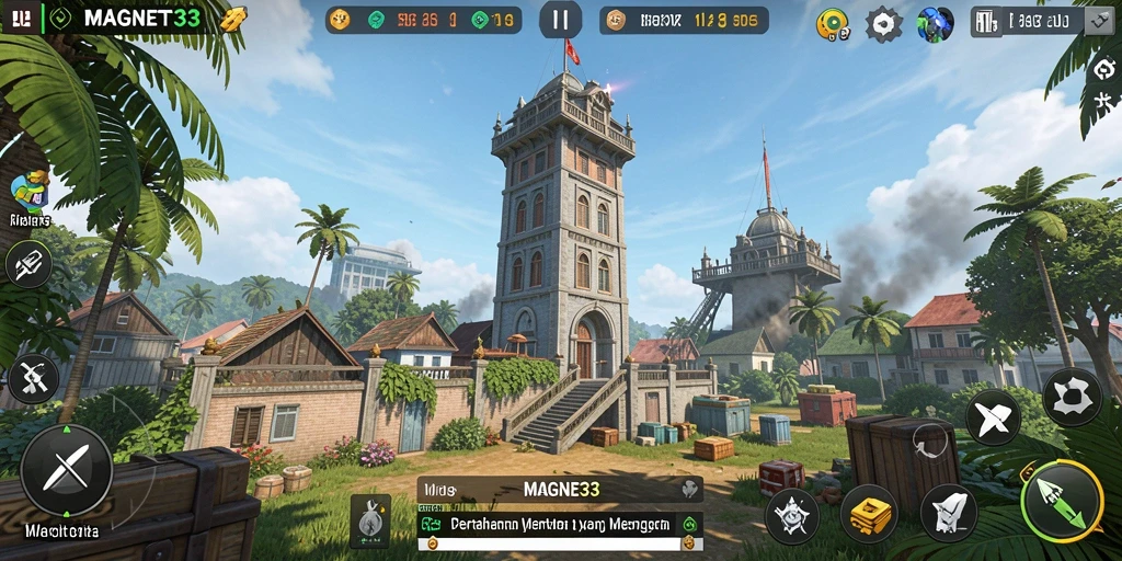 Tampilan gameplay strategis dalam MAGNET33 dengan menara dan musuh yang dinamis.