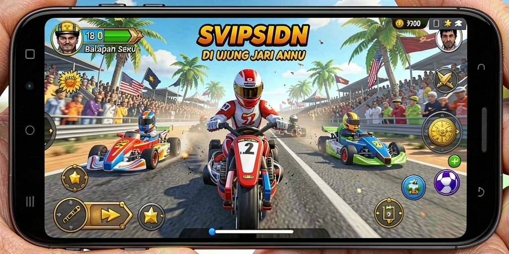 Gameplay seru balapan di SVIPSIDN dengan kendaraan cepat dan trek beragam.