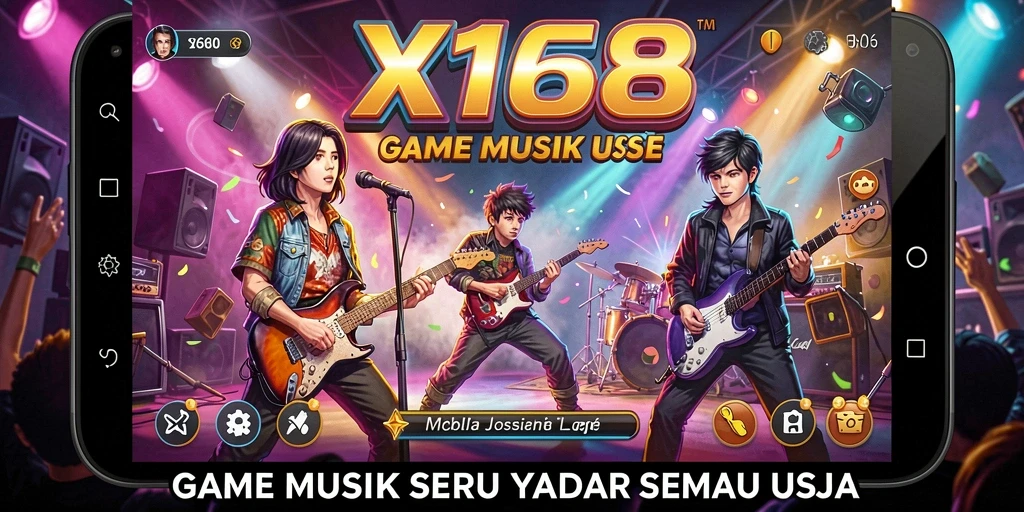 Tampilan gameplay X168 dengan banyak pilihan alat musik dan lagu.